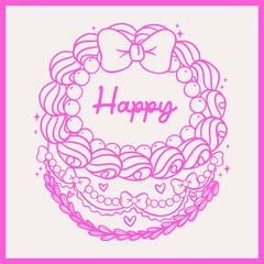 Vintage Cake Coquette bow Doodle Retro Hand Drawn Outline Cake Vector isolated on background