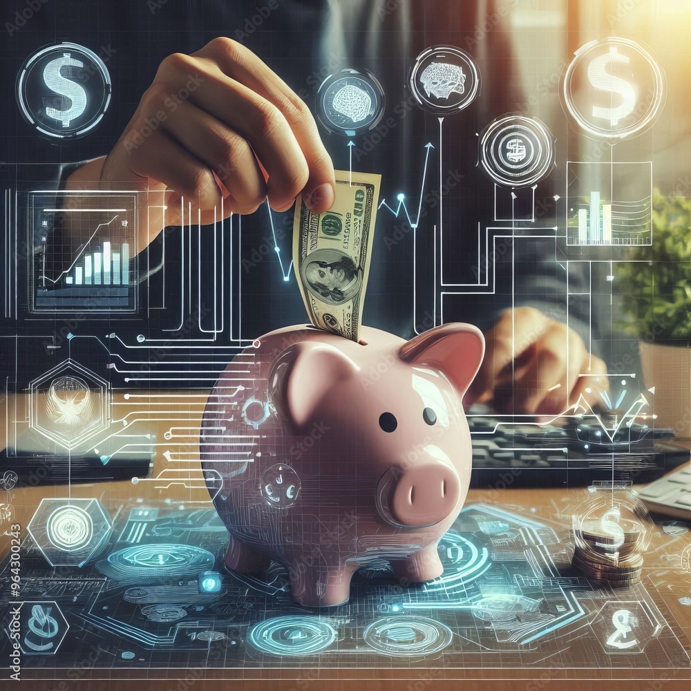 Poster hand inserting a dollar bill into a pink piggy bank, surrounded by digital financial icons and graph