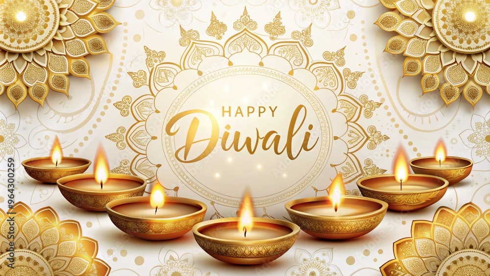 Wall mural happy diwali greeting card with golden diyas and mandala pattern - festive indian holiday design