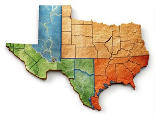 "A stylized map of Texas and Oklahoma borders with prominent geographical features, depicting the two states' unique landscapes and cultural diversity."