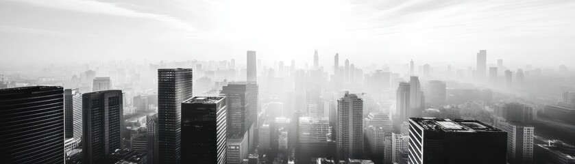 Black and white cityscape featuring tall skyscrapers disappearing into the fog, conveying a serene yet mysterious urban atmosphere.