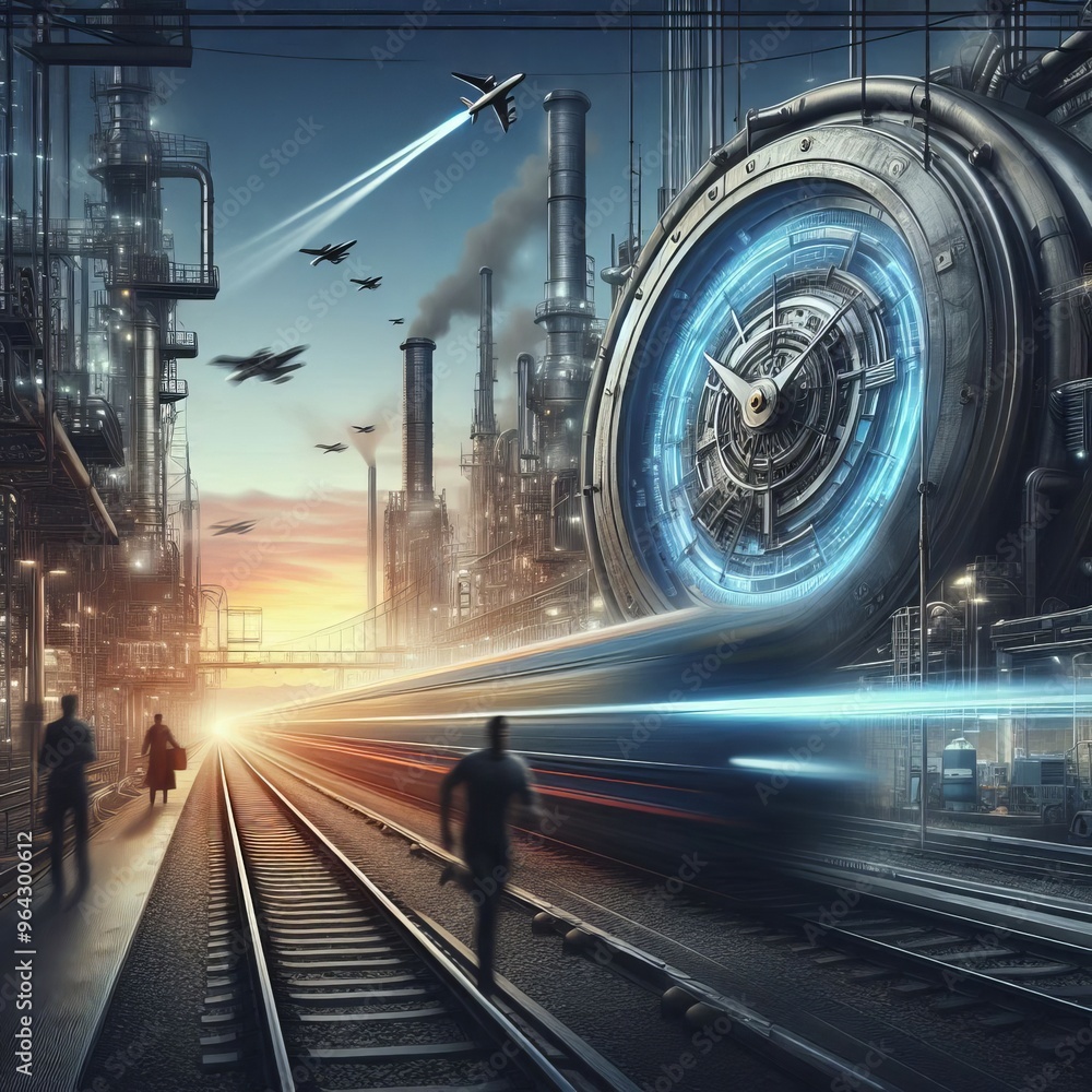 Poster a dynamic futuristic scene depicting a high-tech industrial area with a large timepiece. people and 