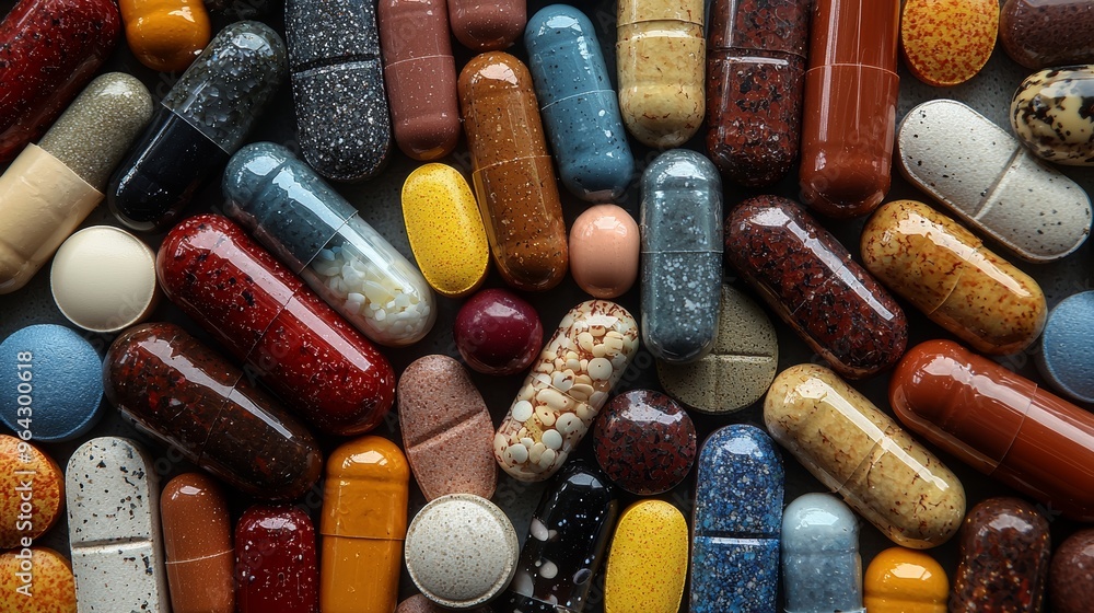 Poster a vibrant assortment of various pills and capsules displayed on a textured surface showcasing their 