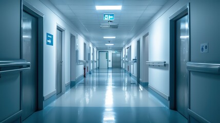 Fototapeta premium Modern hospital hallway with clean and sterile environment, emergency exit sign and directional indicators