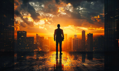 Fototapeta premium Silhouette of Businessman at Sunset in Urban Skyline, Pursuing Ambitions and Possibilities in Modern Metropolis