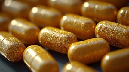 Golden capsules arranged neatly on a dark surface highlighting dietary supplements for health and wellness