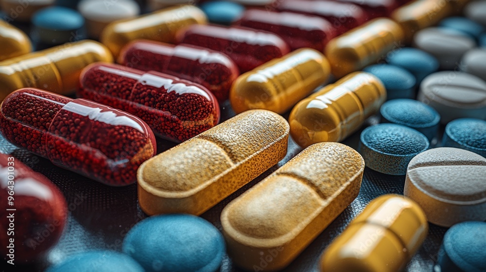 Poster a diverse array of colorful capsules and tablets arranged neatly on a surface highlighting various m
