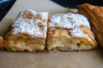 Bougatsa, a traditional Greek breakfast food. Bougatsa has several versions with their own filling, with the most popular the bougatsa krema (bougatsa cream)
