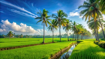 Obraz premium Vibrant green paddy fields stretch towards the horizon beneath a brilliant blue sky, with majestic coconut trees swaying gently in the misty Kerala landscape.