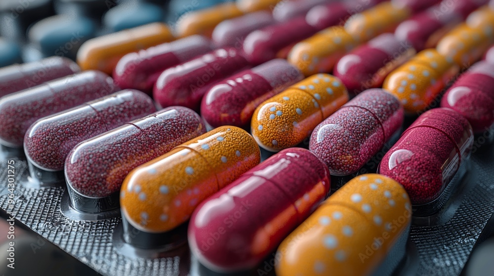 Poster capsules of various shapes and colors arranged neatly on a blister pack in a close-up view, showcasi