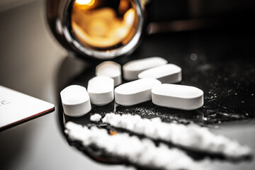 Close-up of Fentanyl Pills and Powder with Prescription Drug Context in Modern Setting