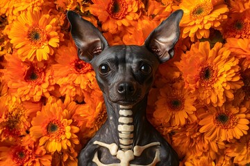 Mexican Hairless dog with skeleton body art surrounded by vibrant orange flowers, Halloween theme portrait
