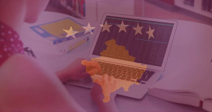Animation of flag of kosovo over caucasian woman using laptop - Powered by Adobe