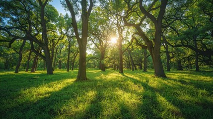 Sunlight filtering through majestic oak trees in a lush green forest