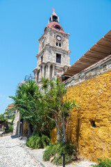 Roloi clock tower in Rhodes Town, Greece. The tower dates from 1852.