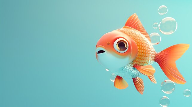 A cartoon goldfish with big eyes swimming in blue water.