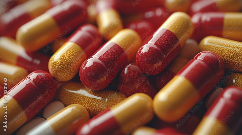 Poster colorful capsules arranged closely, showcasing red and yellow patterns on a surface with some capsul