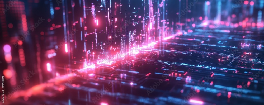 Poster futuristic digital grid with glowing neon lights, representing data transfer and advanced technology