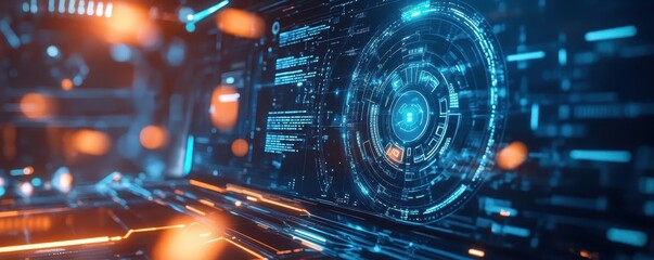 Futuristic digital interface with holographic display, showcasing advanced technology and data visualization in a high-tech environment.