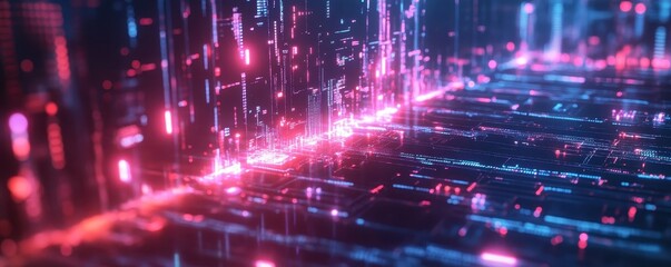 Obraz premium Futuristic digital grid with glowing neon lights, representing data transfer and advanced technology in a virtual cyber environment.