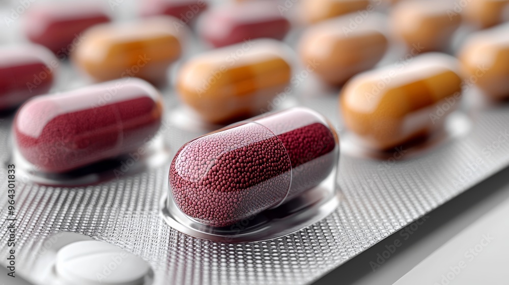Poster close-up view of various capsules on a blister pack arranged neatly in a clinical setting during day