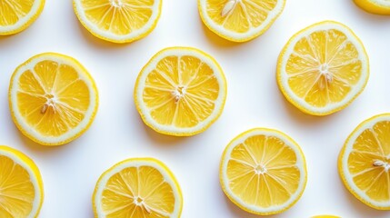 Fresh, vibrant lemon slices arranged in a neat pattern on a white background, showcasing the bright yellow citrus fruit with a clean and refreshing look.