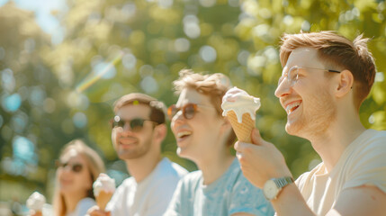 Obraz premium Friends enjoying ice cream outdoors on a sunny day in the park, capturing joy and relaxation