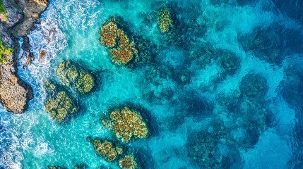 Fototapeta premium Aerial View of a Coral Reef in Crystal-Clear Vibrant Waters