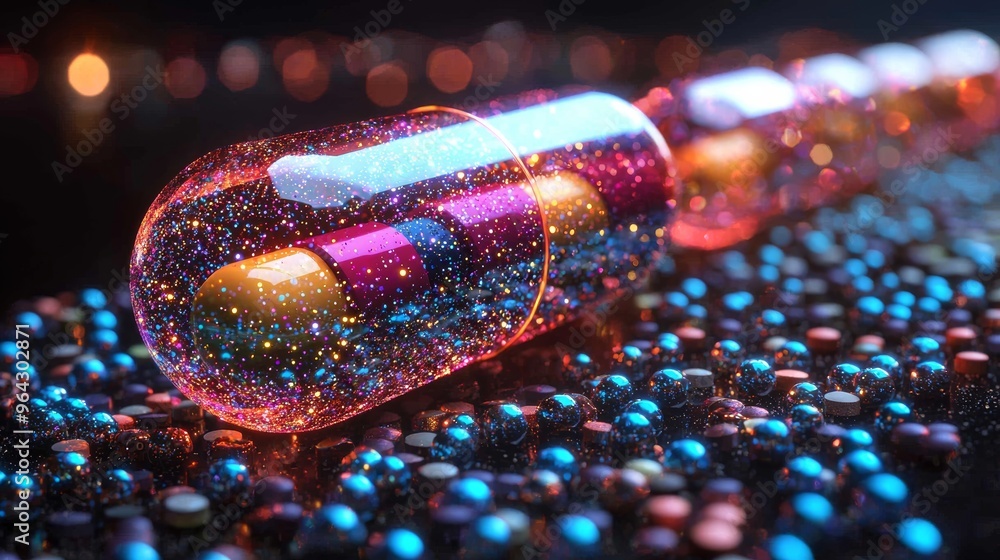 Poster glowing capsule with colorful contents resting on a shimmering surface during a nighttime setting