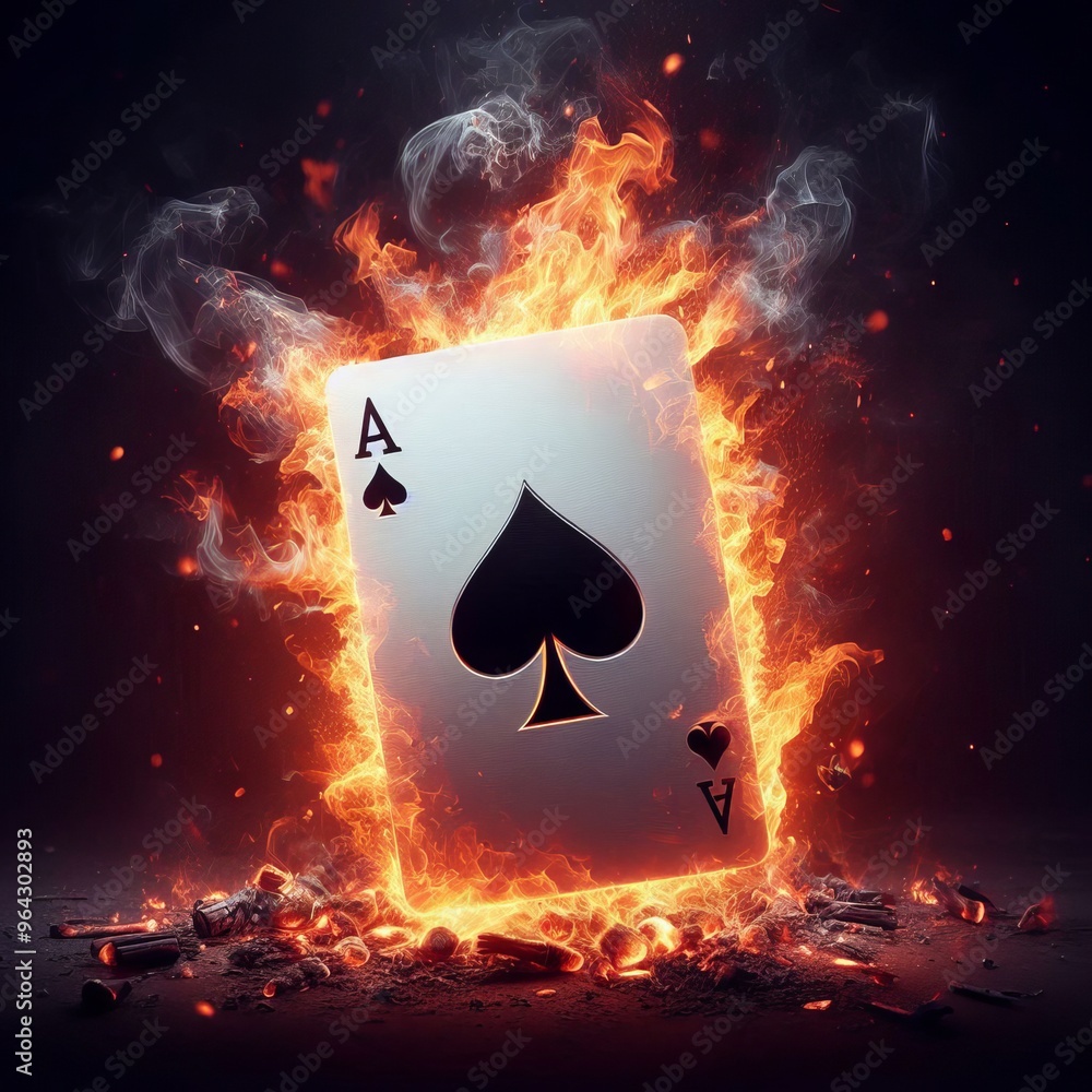Poster a dramatic image of an ace of spades playing card engulfed in bright, dynamic flames. the card appea