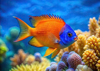Obraz premium Vibrant orange and blue damselfish swims near coral reef, its spiny dorsal fin and tail glinting in sunlight filtering through turquoise ocean water.
