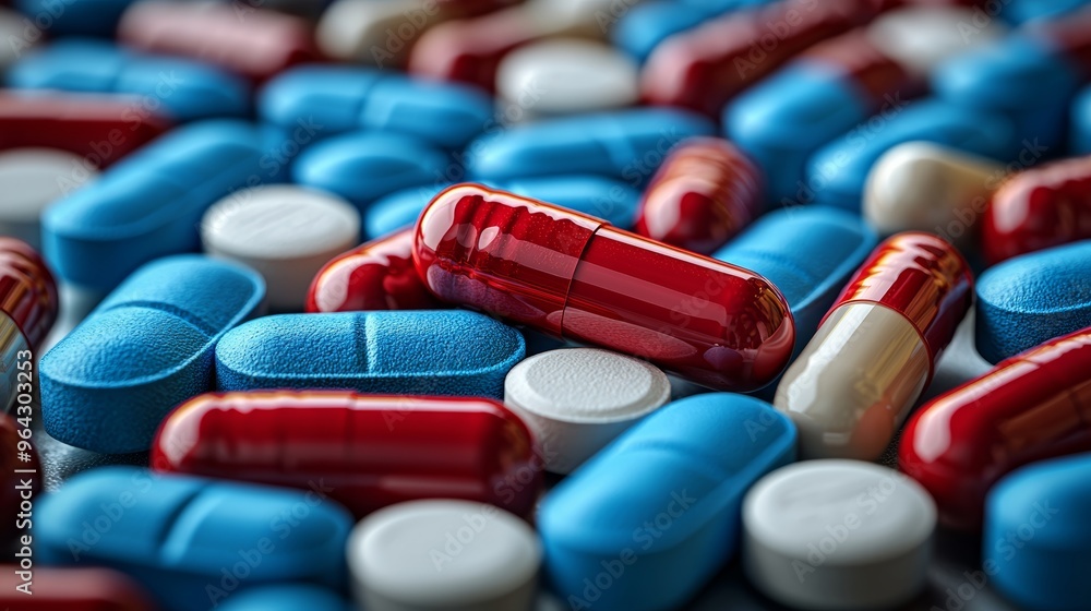 Poster a close-up view of various colorful capsules and tablets scattered on a surface, showcasing their un