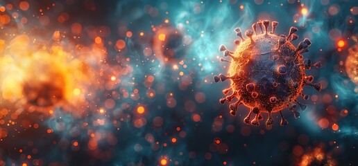 A microscopic image of a virus in a dark background with bright spots of light. Illustration of a coronavirus with spikes.