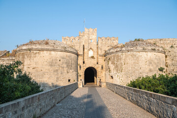 Gate d'Amboise in Medieval Old Town neighbourhood of Rhodes, Greece. The D'Amboise Gate is found near The Palace of the Grand Masters, and bears the name of Grand Master Emery d'Amboise (1503-1512)