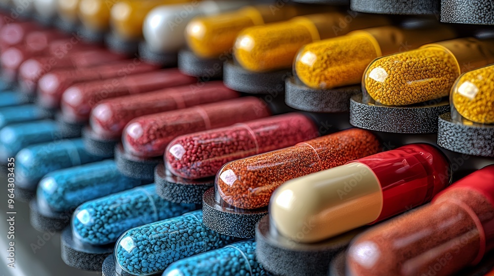 Poster a colorful assortment of medication capsules arranged neatly on a display rack in a pharmacy setting