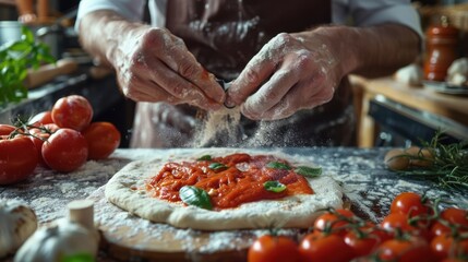 A close-up of a pizza chef spreading tomato sauce on pizza dough, focused and skilled hands
