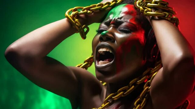 Strong powerful black woman breaking free from chains. Slavery, slave trade or abolition concept. Banner for juneteenth, black history month or keti koti. Freedom Day