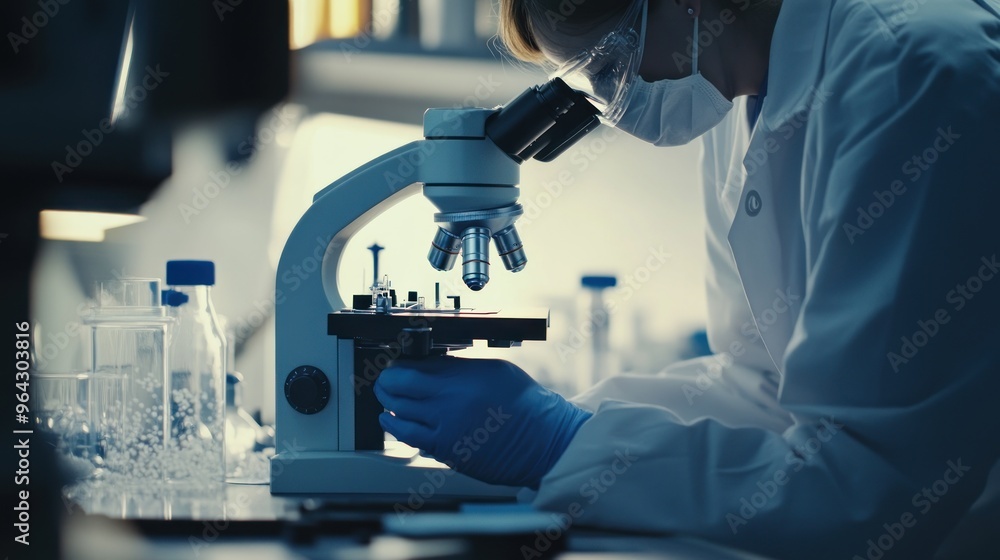 Poster scientist using a microscope in a laboratory