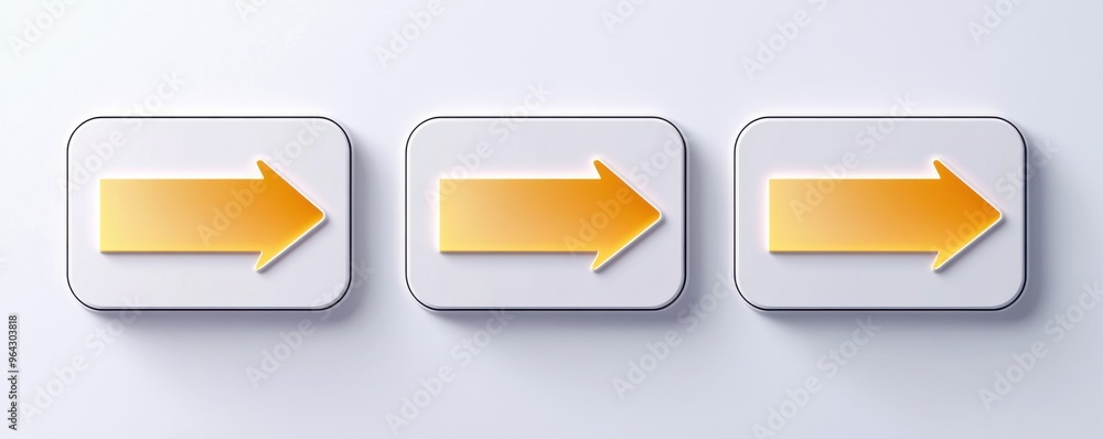 Poster three yellow arrows pointing right on a minimalistic gray background, symbolizing direction, movemen