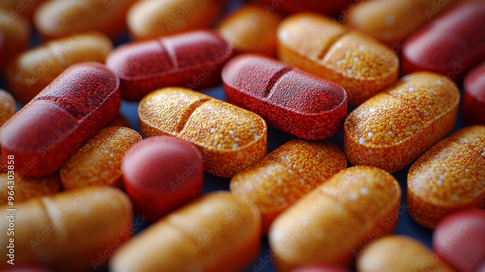 Poster a close-up view of colorful capsules and tablets scattered on a surface, showcasing various shapes a