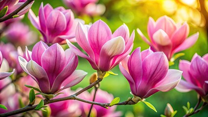 Vibrant pink Indian magnolia flowers bloom against a soft green background, showcasing delicate petals and golden stamens in a stunning display of natural beauty.