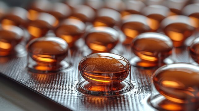 Close-up of amber capsules on a blister pack in a well-lit setting showcasing pharmaceutical details and textures