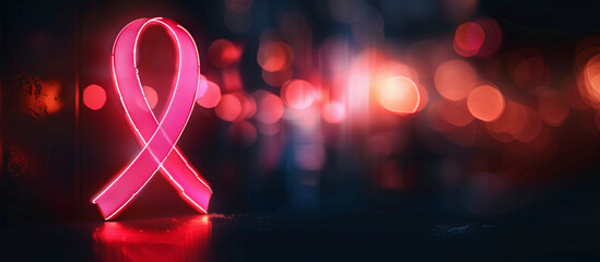 Pink ribbon glowing neon light breast cancer awareness advocacy urban bokeh night charity symbol hope solidarity inspiration copy space black background backdrop

