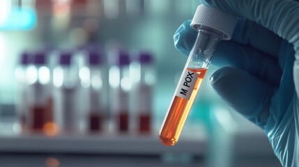 Gloved hand holding a test tube labeled 'M POX' in a lab environment. Represents virus detection and medical testing.