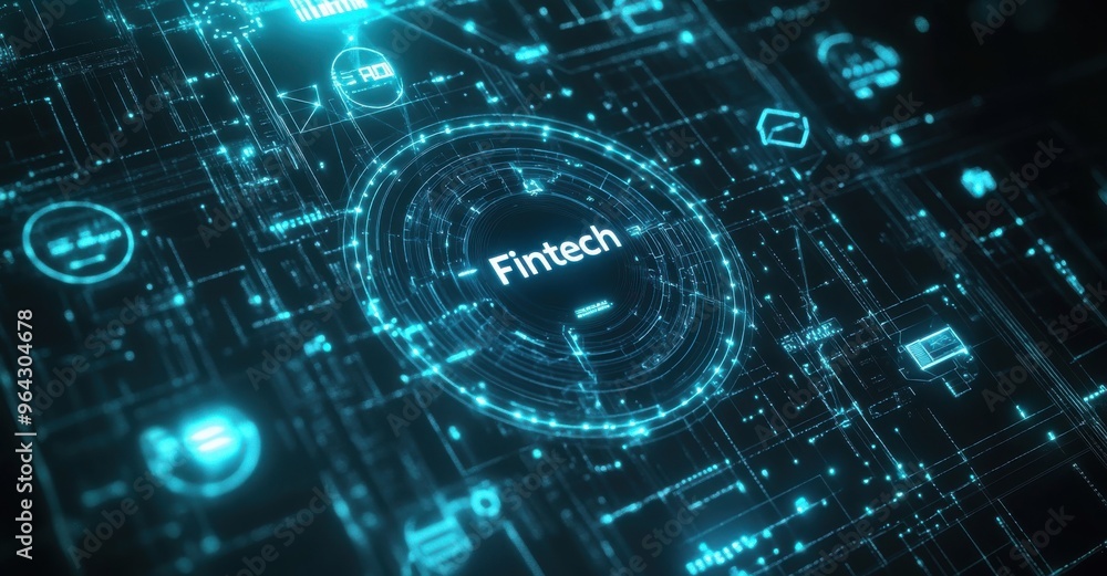 Poster 3d hologram of fintech technology concept with digital elements and futuristic interface design
