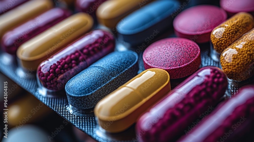 Poster a close-up view of colorful capsules and tablets arranged neatly on a black background highlighting 