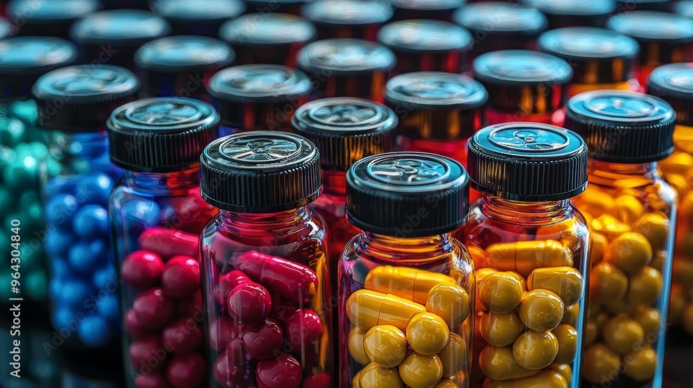 Poster colorful capsules and tablets in glass containers are neatly arranged on a shelf in a well-lit space