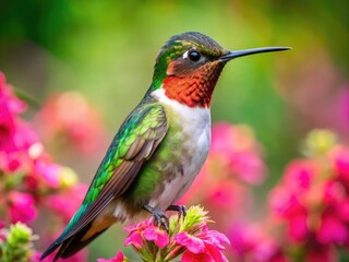 Vibrant ruby-throated hummingbird perches on a delicate flower, its iridescent feathers glimmering in sunlight, showcasing its striking emerald throat patch and swift, whirring wings.