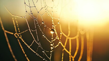 Dewdrops on a Spider Web at Sunrise