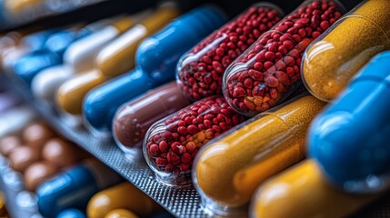 Colorful capsules displayed in a pharmacy with various shapes and sizes during daylight hours